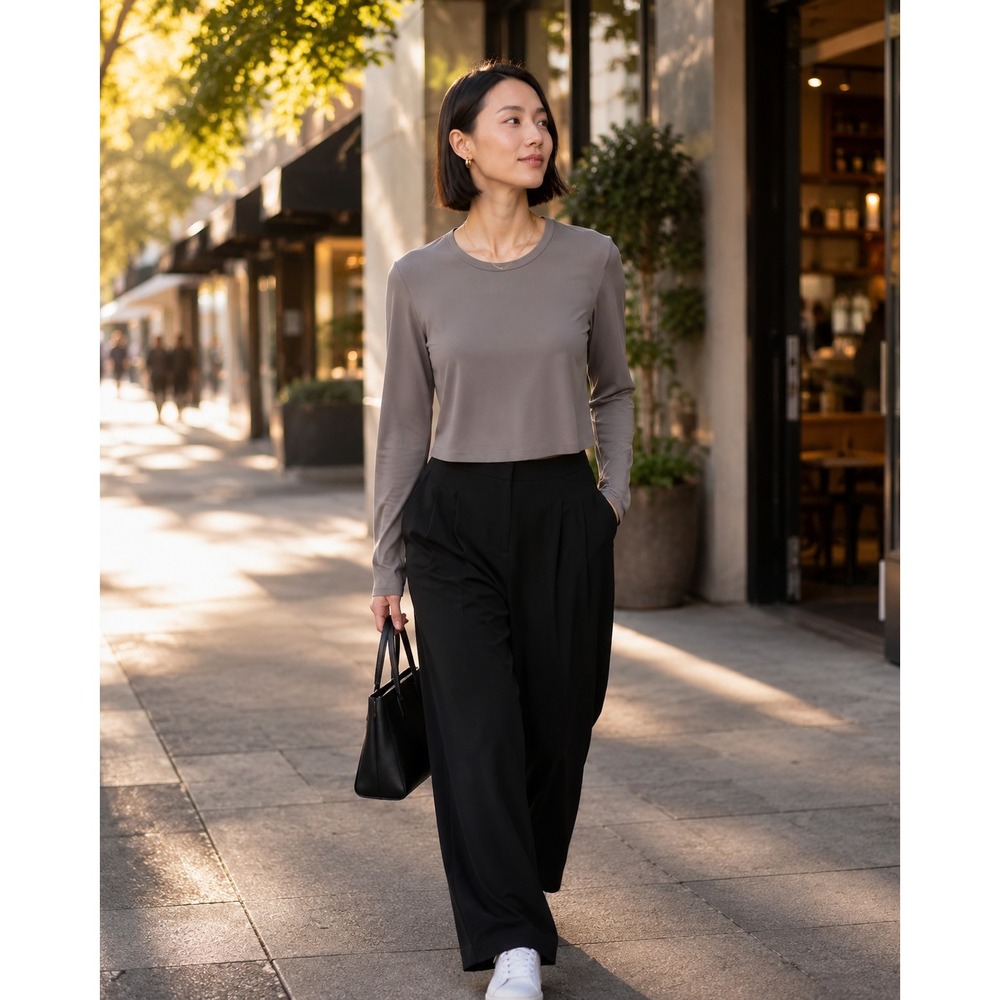 Uniqlo AIRism Soft Cropped Long Sleeve T-Shirt Gray Brown 476168 Women M‎